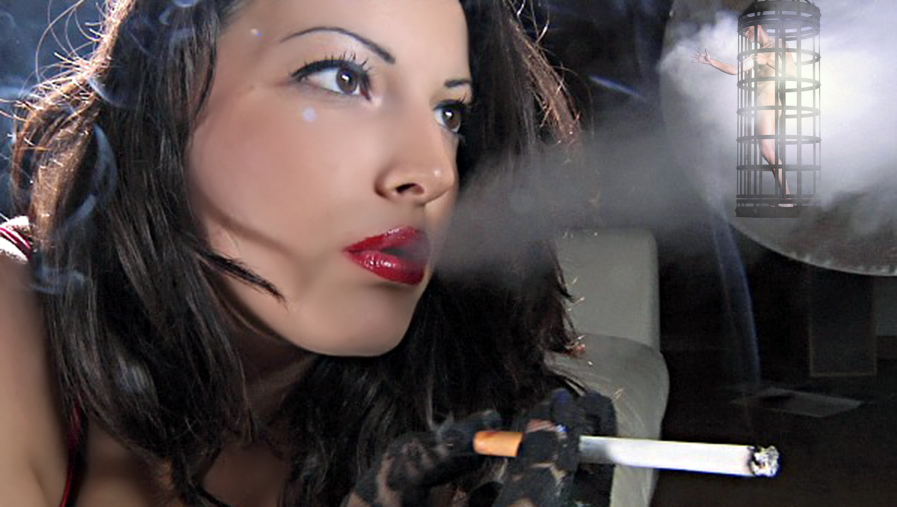 Giantess Blows Smoke at Caged Man Slave.