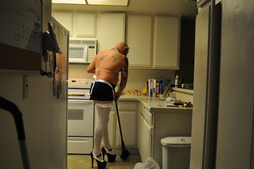 Dressed doing chores