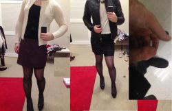 Sissy with tiny penis has leather skirt and pretty cardigans addiction
