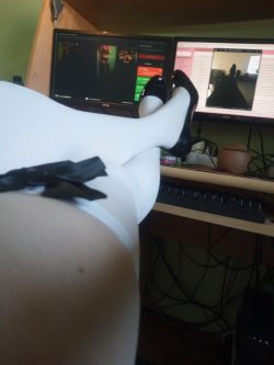white stockings with black heels on