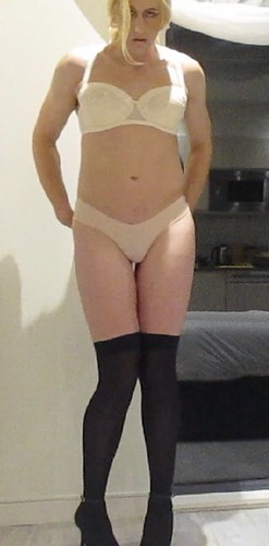 Look at this pathetic sissy cuck husband parading in heels and panties