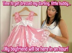 Cuckold sissy hubby gets dressed properly for date night