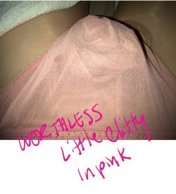 Tiny little sad clitty covered in pink chiffon